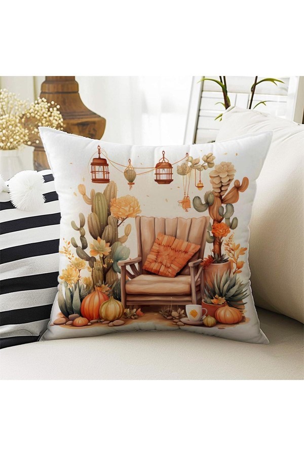 4 lü Set Kırlent Kılıfı Kaktüs Bahçe Desenli Dijital Baskılı Hediyelik