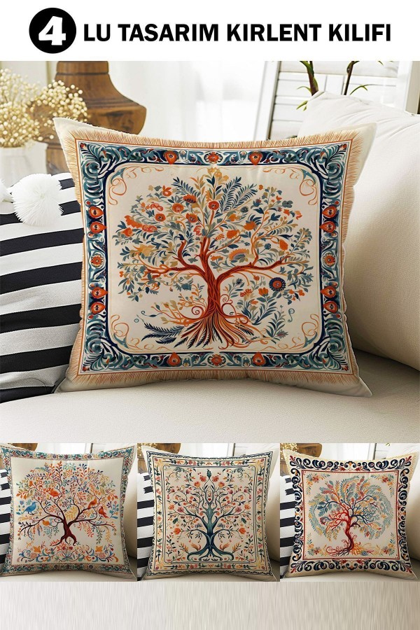 4 lü Set Kırlent Kılıfı Yaşam Ağacı Desenli Dijital Baskılı Hediyelik