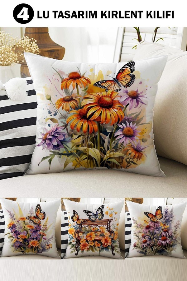4 lü Set Kırlent Kılıfı Kelebekli Çiçekler Desenli Dijital Baskılı Hediyelik 4 lü Set Kırlent Kılıfı Kelebekli Çiçekler Desenli Dijital Baskılı Hediyelik