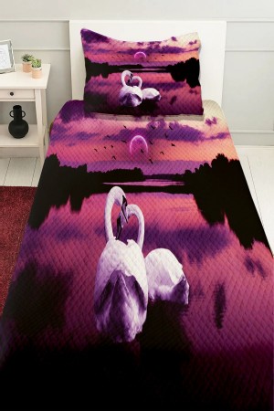Mor Beyaz Kuğular  Desenli Baskılı Dekoratif Yatak Örtüsü Tek Kişilik Yastıklı Pike Takımı Mor Beyaz Kuğular  Desenli Baskılı Dekoratif Yatak Örtüsü Tek Kişilik Yastıklı Pike Takımı