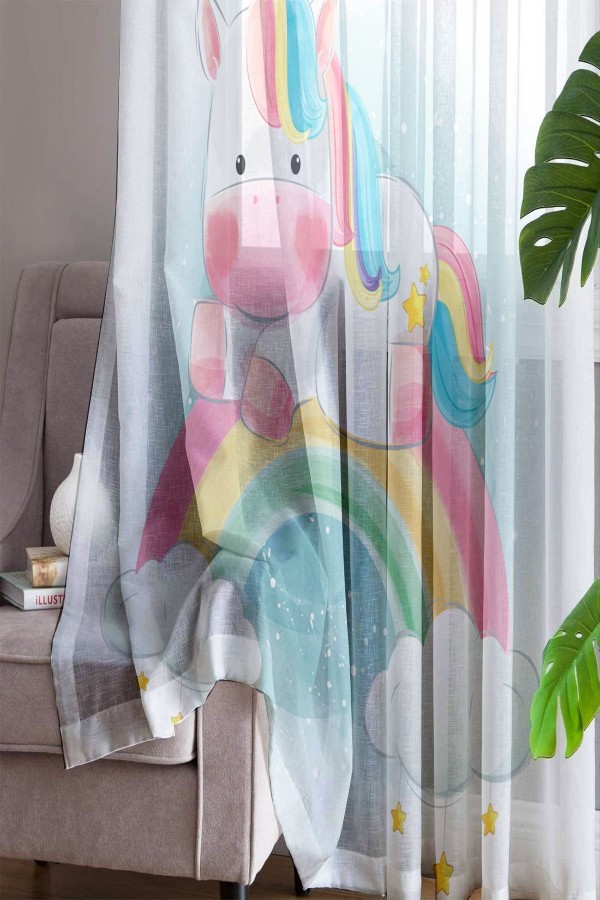 Renkli Gök Kuşağı Unicorn Desenli Dekoratif Çocuk Bebek Odası Tek Kanat Tül Perde Renkli Gök Kuşağı Unicorn Desenli Dekoratif Çocuk Bebek Odası Tek Kanat Tül Perde