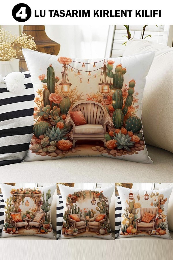 4 lü Set Kırlent Kılıfı Kaktüs Bahçe Desenli Dijital Baskılı Hediyelik