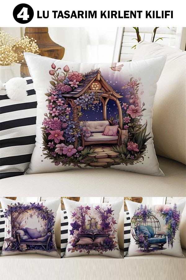 4 lü Set Kırlent Kılıfı Mor Ev Çiçekli Desenli Dijital Baskılı Hediyelik 4 lü Set Kırlent Kılıfı Mor Ev Çiçekli Desenli Dijital Baskılı Hediyelik