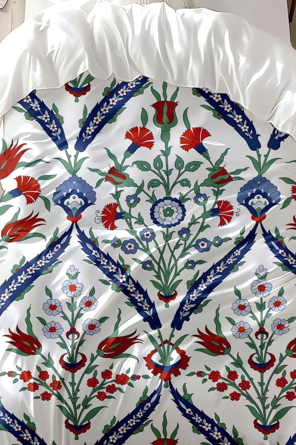 Osmanlı Çini Lale Desenli Baskılı Pamuk Saten Çift Kişilik Nevresim Takımı