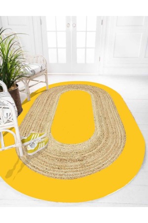 Sarı Renkli Desenli Oval Örme Jüt Örgü Halı Hasır Kilim
