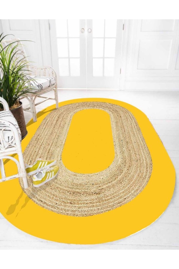 Sarı Renkli Desenli Oval Örme Jüt Örgü Halı Hasır Kilim Sarı Renkli Desenli Oval Örme Jüt Örgü Halı Hasır Kilim