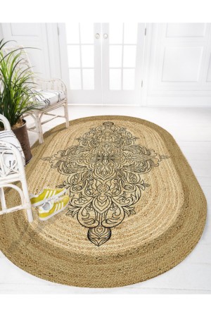 Etnik Mandala Desenli Oval Örme Jüt Örgü Halı Hasır Kilim Etnik Mandala Desenli Oval Örme Jüt Örgü Halı Hasır Kilim