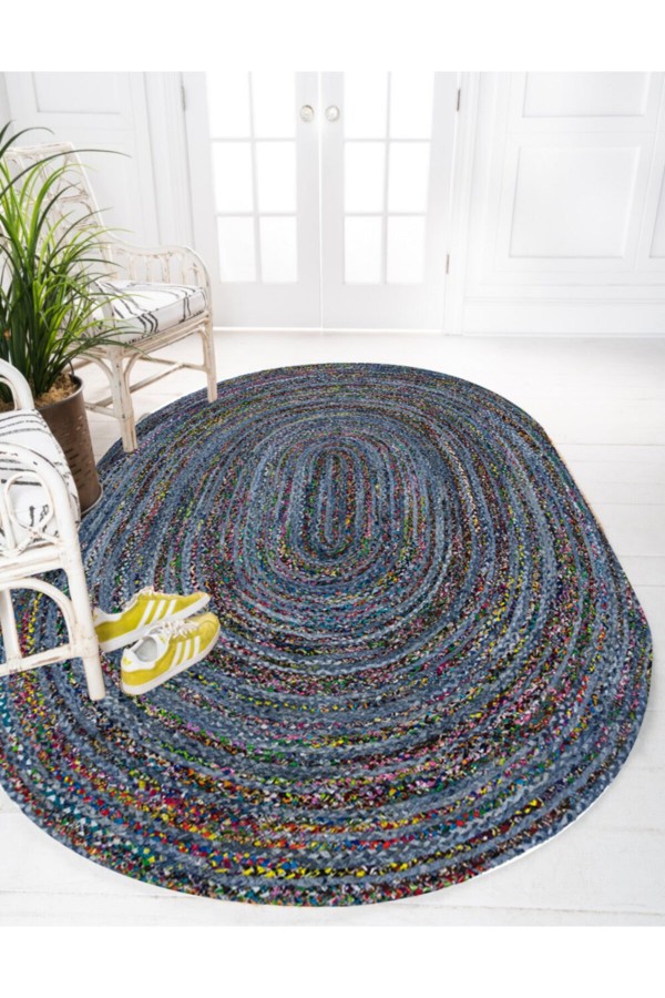 Mavi İpler Desenli Oval Örme Jüt Örgü Halı Hasır Kilim