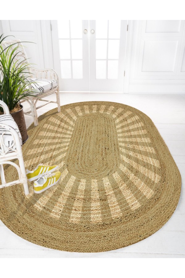 Kavhe Güneş Desenli Oval Örme Jüt Örgü Halı Hasır Kilim