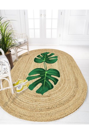 Tropik Yapraklı Desenli Oval Örme Jüt Örgü Halı Hasır Kilim