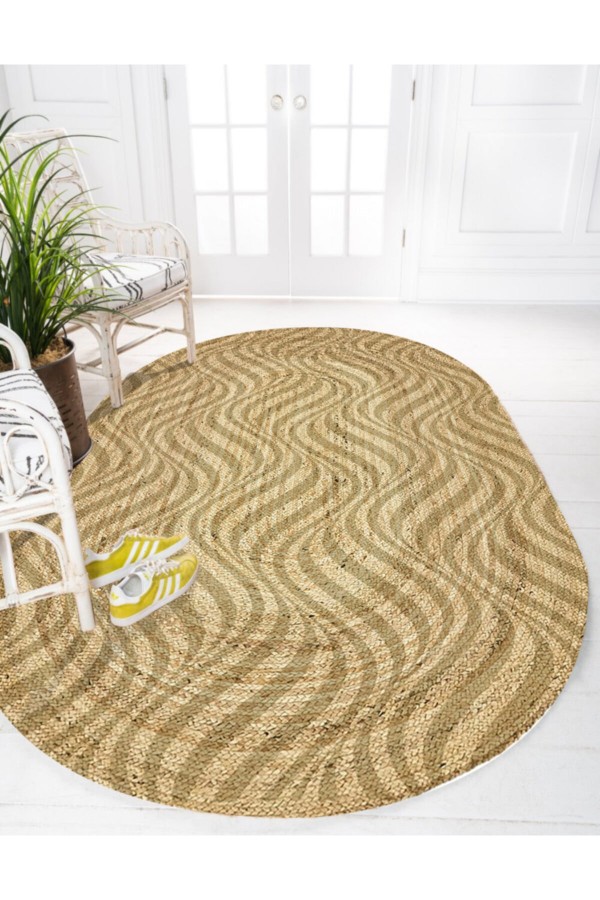Dalgalı Çizgili Desenli Oval Örme Jüt Örgü Halı Hasır Kilim
