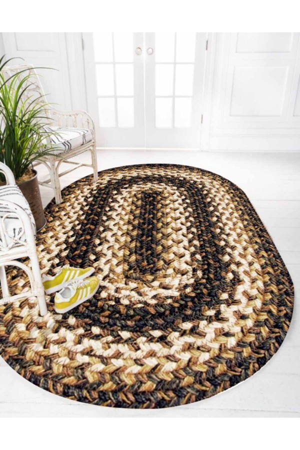 Kahverengi İpler Desenli Oval Örme Jüt Örgü Halı Hasır Kilim