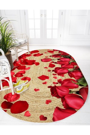 Kırmızı Gül Yapraklı Desenli Oval Örme Jüt Örgü Halı Hasır Kilim Kırmızı Gül Yapraklı Desenli Oval Örme Jüt Örgü Halı Hasır Kilim