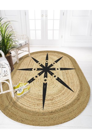 Siyah Güneş Etnik Desenli Oval Örme Jüt Örgü Halı Hasır Kilim