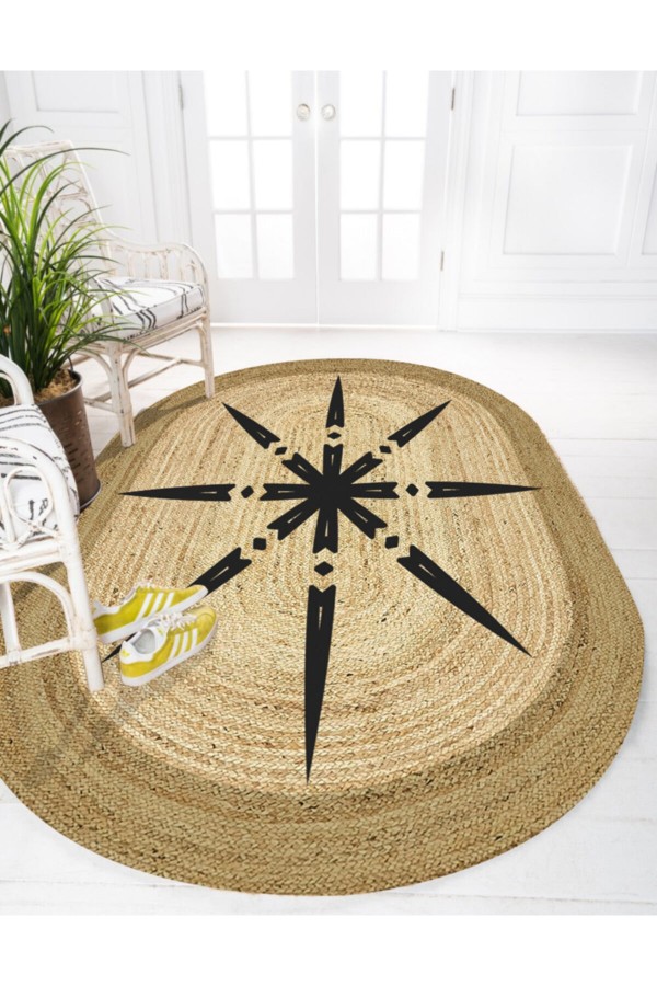 Siyah Güneş Etnik Desenli Oval Örme Jüt Örgü Halı Hasır Kilim Siyah Güneş Etnik Desenli Oval Örme Jüt Örgü Halı Hasır Kilim