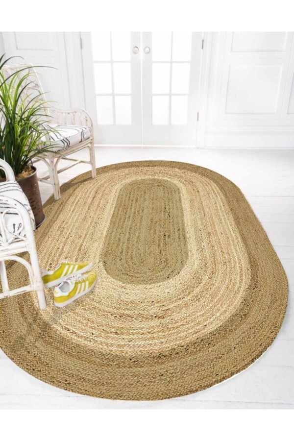 Kahverengi Desenli Oval Örme Jüt Örgü Halı Hasır Kilim
