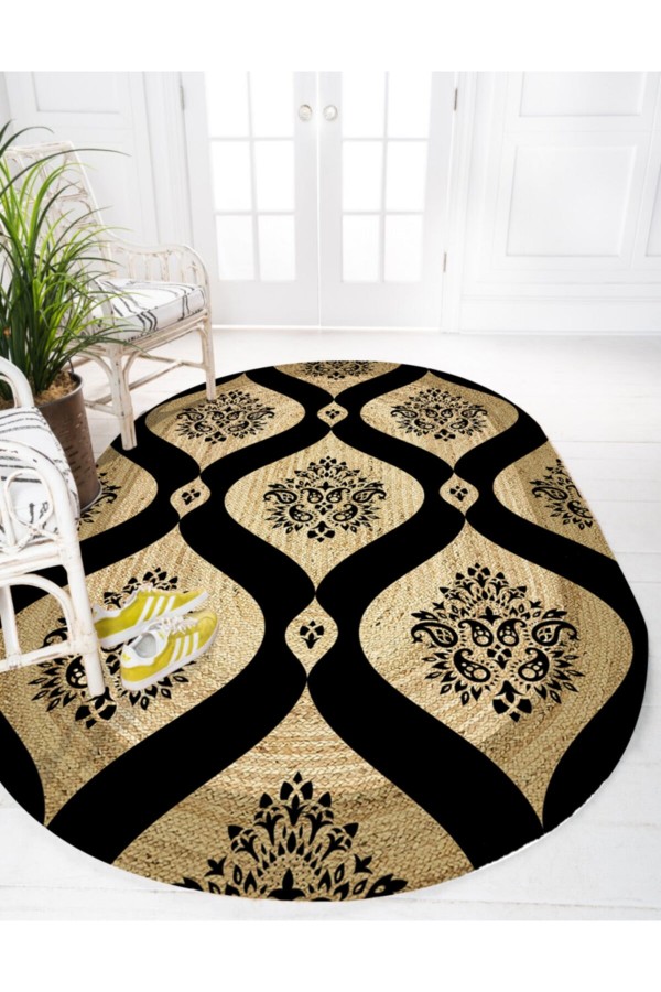 Else Siyah Damask Desenli Oval Örme Jüt Örgü Halı Hasır Kilim Else Siyah Damask Desenli Oval Örme Jüt Örgü Halı Hasır Kilim