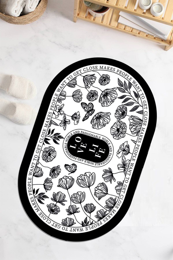 Siyah Beyaz Desenli Su Emici Duş Önü Oval Banyo Halısı Paspas Klozet Tek Parça 40x60cm Siyah Beyaz Desenli Su Emici Duş Önü Oval Banyo Halısı Paspas Klozet Tek Parça 40x60cm