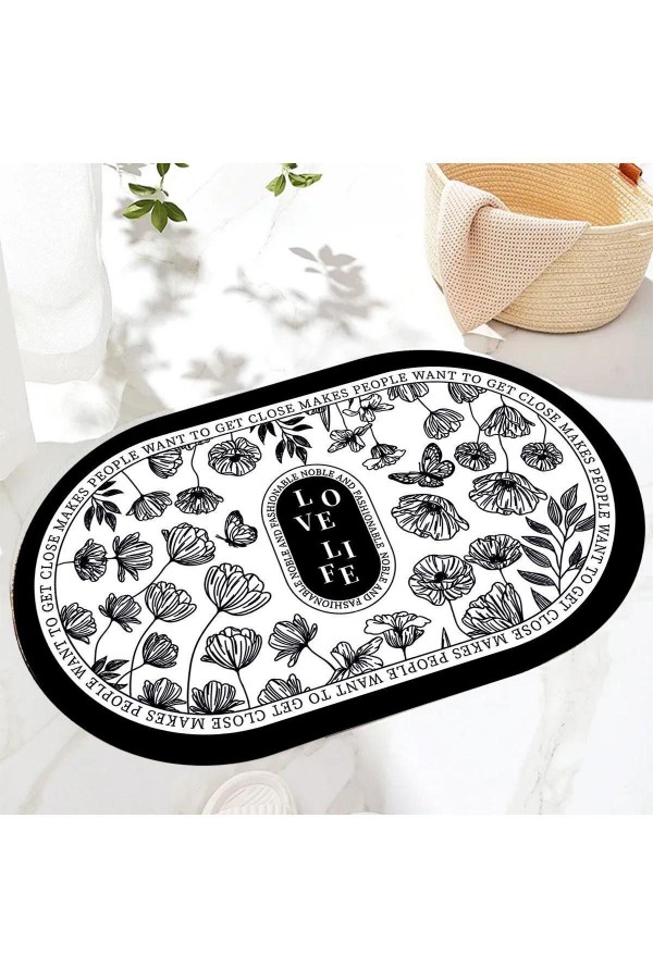 Siyah Beyaz Desenli Su Emici Duş Önü Oval Banyo Halısı Paspas Klozet Tek Parça 40x60cm Siyah Beyaz Desenli Su Emici Duş Önü Oval Banyo Halısı Paspas Klozet Tek Parça 40x60cm