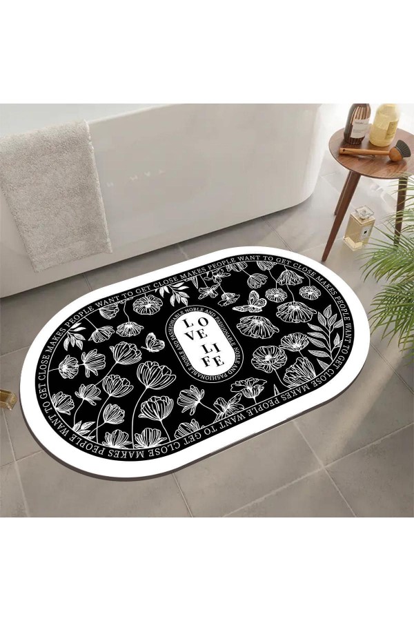 Beyaz Siyah Desenli Su Emici Duş Önü Oval Banyo Halısı Paspas Klozet Tek Parça 40x60cm Beyaz Siyah Desenli Su Emici Duş Önü Oval Banyo Halısı Paspas Klozet Tek Parça 40x60cm