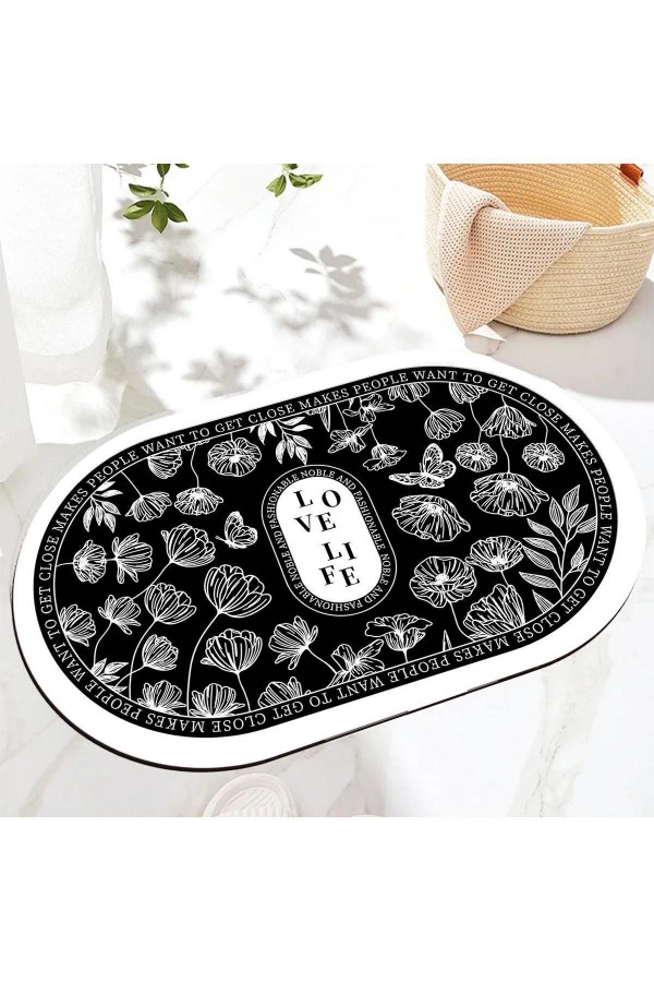 Beyaz Siyah Desenli Su Emici Duş Önü Oval Banyo Halısı Paspas Klozet Tek Parça 40x60cm Beyaz Siyah Desenli Su Emici Duş Önü Oval Banyo Halısı Paspas Klozet Tek Parça 40x60cm