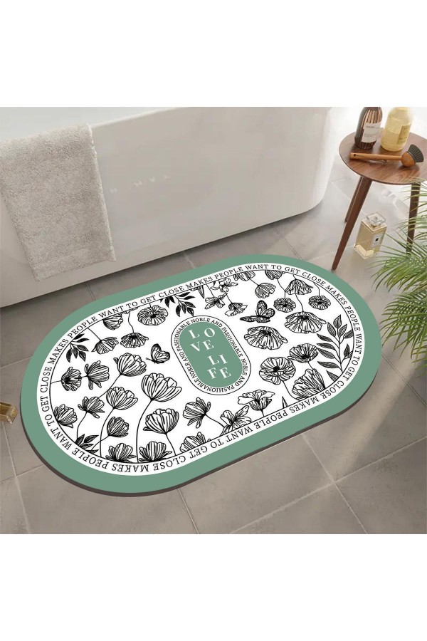 Yeşil Desenli Su Emici Duş Önü Oval Banyo Halısı Paspas Klozet Tek Parça 40x60cm Yeşil Desenli Su Emici Duş Önü Oval Banyo Halısı Paspas Klozet Tek Parça 40x60cm