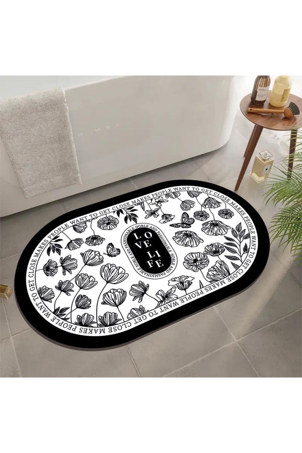 Siyah Beyaz Desenli Su Emici Duş Önü Oval Banyo Halısı Paspas Klozet Tek Parça 40x60cm Siyah Beyaz Desenli Su Emici Duş Önü Oval Banyo Halısı Paspas Klozet Tek Parça 40x60cm