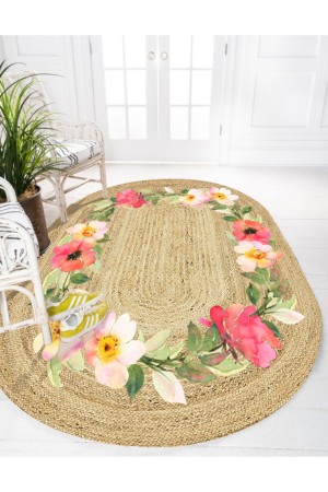 Renkli Çiçekli Güllü Desenli Oval Örme Jüt Örgü Halı Hasır Kilim