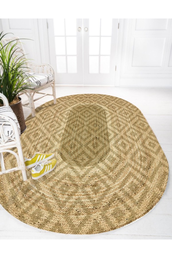 Vintage Karolar Desenli Oval Örme Jüt Örgü Halı Hasır Kilim Vintage Karolar Desenli Oval Örme Jüt Örgü Halı Hasır Kilim