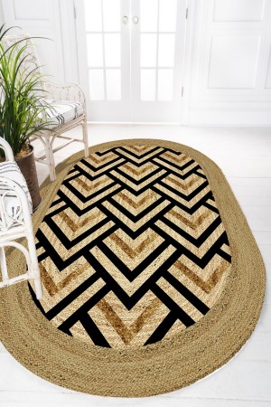 Sarı Siyah Çizgiler Desenli Oval Örme Jüt Örgü Halı Hasır Kilim