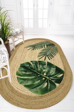 Yeşil Yapraklar Desenli Oval Örme Jüt Örgü Halı Hasır Kilim