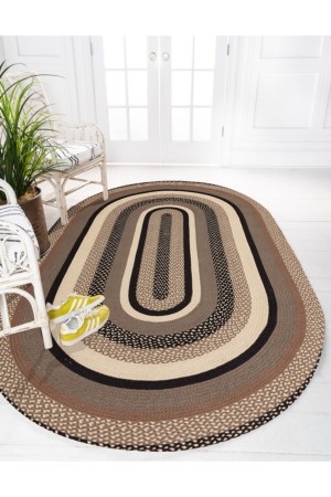 Krem Kahve Desenli Oval Örme Jüt Örgü Halı Hasır Kilim Krem Kahve Desenli Oval Örme Jüt Örgü Halı Hasır Kilim