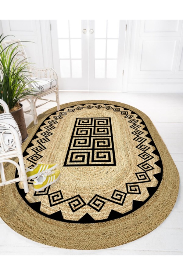 Siyah Otantik Desenli Oval Örme Jüt Örgü Halı Hasır Kilim Siyah Otantik Desenli Oval Örme Jüt Örgü Halı Hasır Kilim