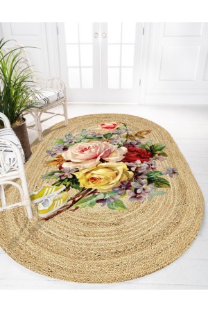 Sarı Pembe Güller Desenli Oval Örme Jüt Örgü Halı Hasır Kilim