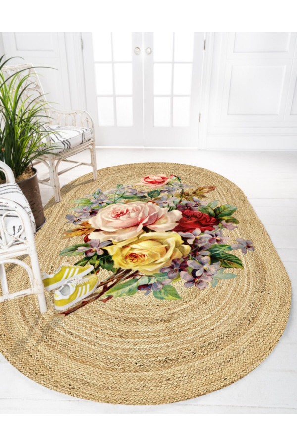 Sarı Pembe Güller Desenli Oval Örme Jüt Örgü Halı Hasır Kilim Sarı Pembe Güller Desenli Oval Örme Jüt Örgü Halı Hasır Kilim