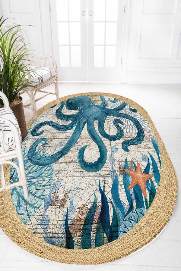 Else Mavi Ahtapotlu Desenli Oval Örme Jüt Örgü Halı Hasır Kilim