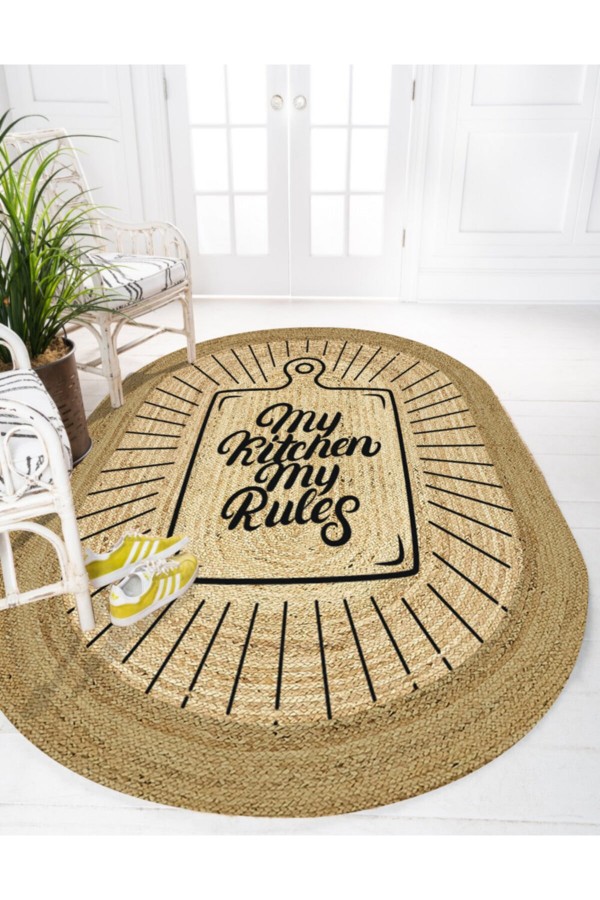 Else My Kitchen My Rules Desenli Oval Örme Jüt Örgü Halı Hasır Kilim