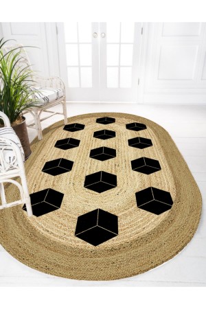Else Siyah Kutular Desenli Oval Örme Jüt Örgü Halı Hasır Kilim Else Siyah Kutular Desenli Oval Örme Jüt Örgü Halı Hasır Kilim