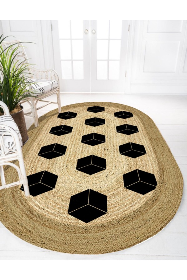 Else Siyah Kutular Desenli Oval Örme Jüt Örgü Halı Hasır Kilim Else Siyah Kutular Desenli Oval Örme Jüt Örgü Halı Hasır Kilim
