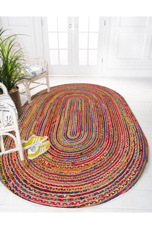 Renkli İpler Desenli Oval Örme Jüt Örgü Halı Hasır Kilim Renkli İpler Desenli Oval Örme Jüt Örgü Halı Hasır Kilim