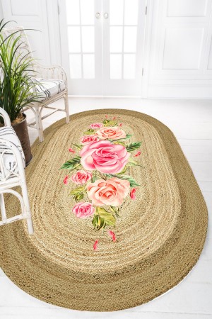 Pembe Gül Çiçekli Desenli Oval Örme Jüt Örgü Halı Hasır Kilim Pembe Gül Çiçekli Desenli Oval Örme Jüt Örgü Halı Hasır Kilim