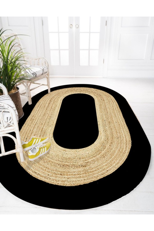 Siyah Renkli Desenli Oval Örme Jüt Örgü Halı Hasır Kilim Siyah Renkli Desenli Oval Örme Jüt Örgü Halı Hasır Kilim