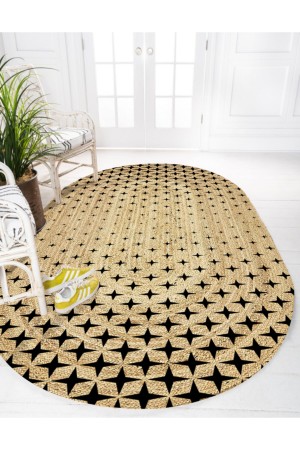 Siyah Yıldız Desenli Oval Örme Jüt Örgü Halı Hasır Kilim
