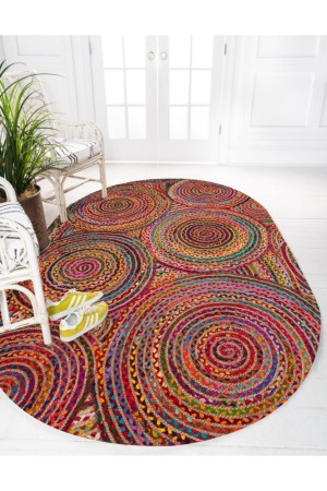 Else Renkli Daireler Desenli Oval Örme Jüt Örgü Halı Hasır Kilim Else Renkli Daireler Desenli Oval Örme Jüt Örgü Halı Hasır Kilim