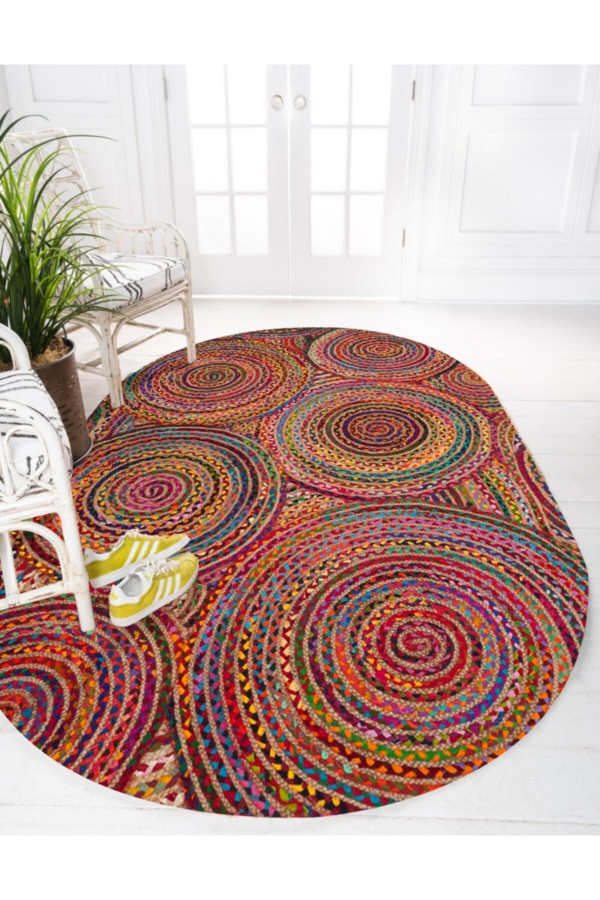 Else Renkli Daireler Desenli Oval Örme Jüt Örgü Halı Hasır Kilim