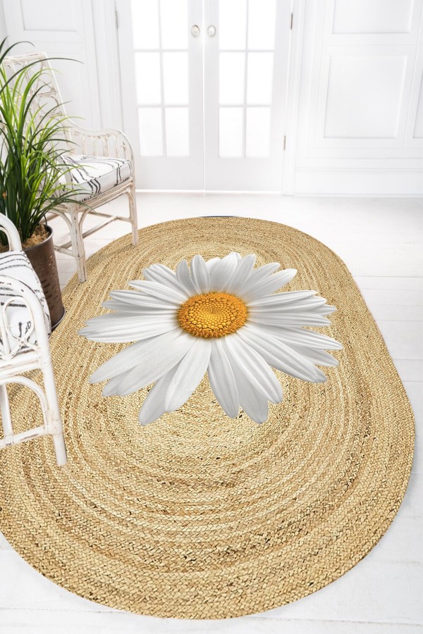 Else Sarı Beyaz Papatya Desenli Oval Örme Jüt Örgü Halı Hasır Kilim