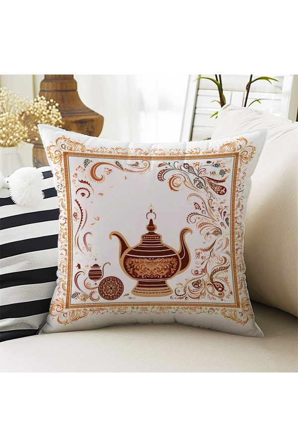 Çay Tema Desenli Çift Taraflı Dijital Baskılı Kırlent Kılıfı Ds01