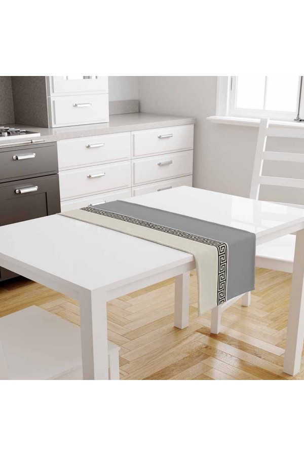 Gri Beyaz Kilit Desenli Baskılı Leke Tutmaz Dertsiz Dekoratif Runner Örtüsü 40x140cm