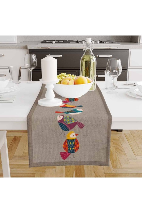 Renkli Kuşlar Gri Desenli Baskılı Leke Tutmaz Dertsiz Dekoratif Runner Örtüsü 40x140cm