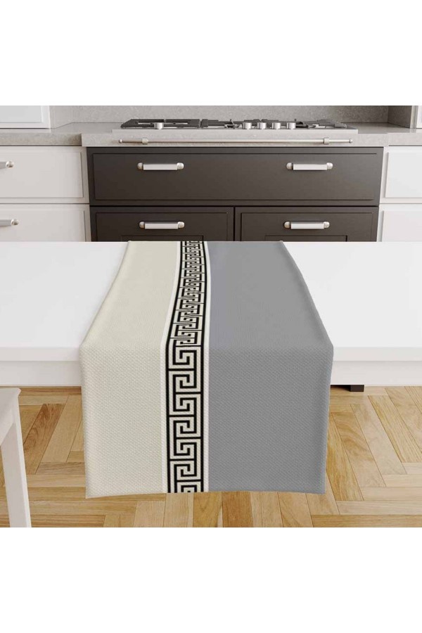 Gri Beyaz Kilit Desenli Baskılı Leke Tutmaz Dertsiz Dekoratif Runner Örtüsü 40x140cm
